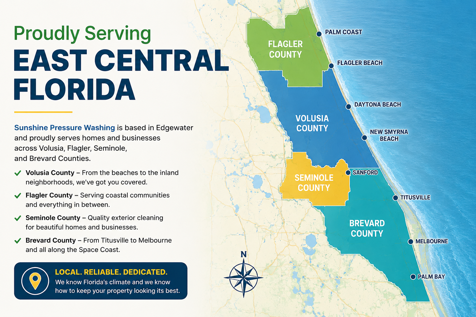 Sunshine Pressure Washing service coverage across Volusia, Brevard, Flagler and Seminole Counties in Central Florida